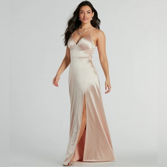 Windsor Laurel Lace-Up A-Line Slit Satin Formal Dress - Picture 4 of 13